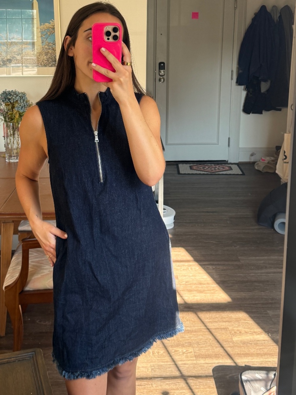Gap 1969 Dark Wash Denim Sleeveless Mini Dress Zip Front Fringe Hem Small